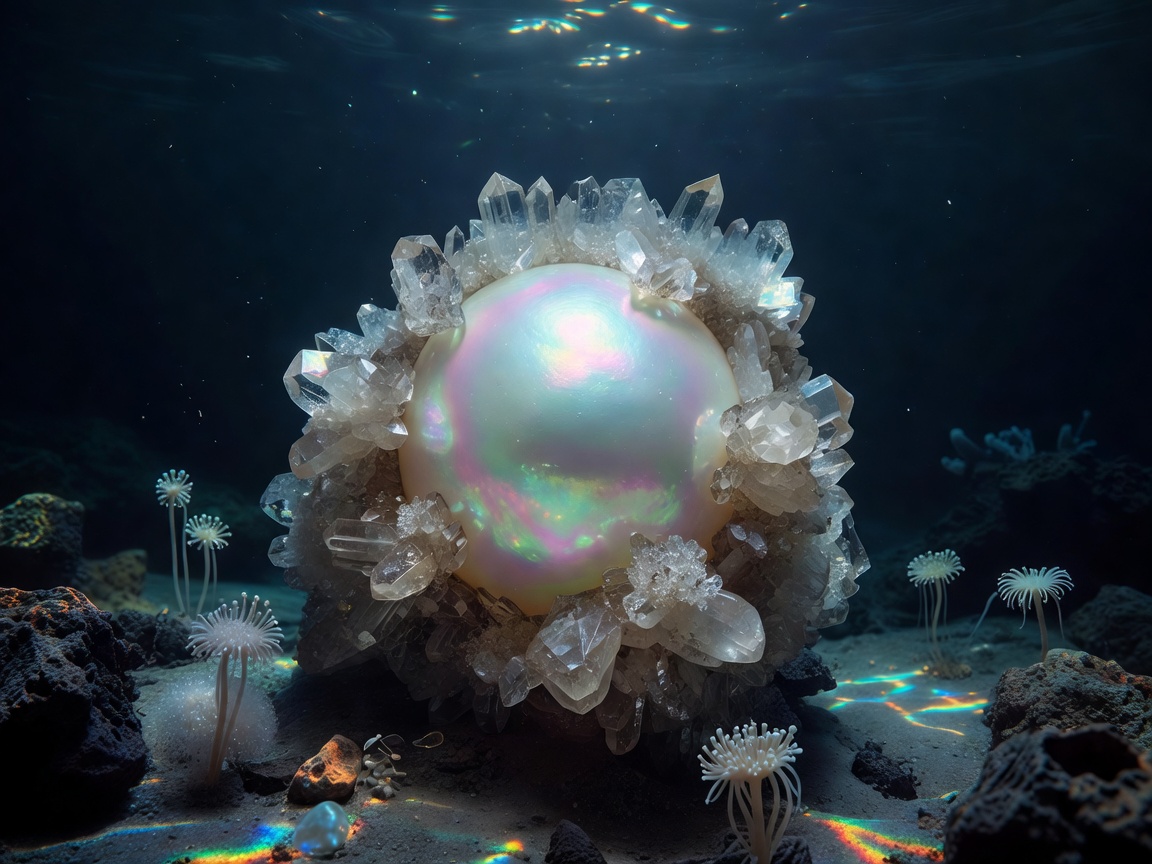 A giant legendary shimmering pearl encased in deep ocean crystal matrices