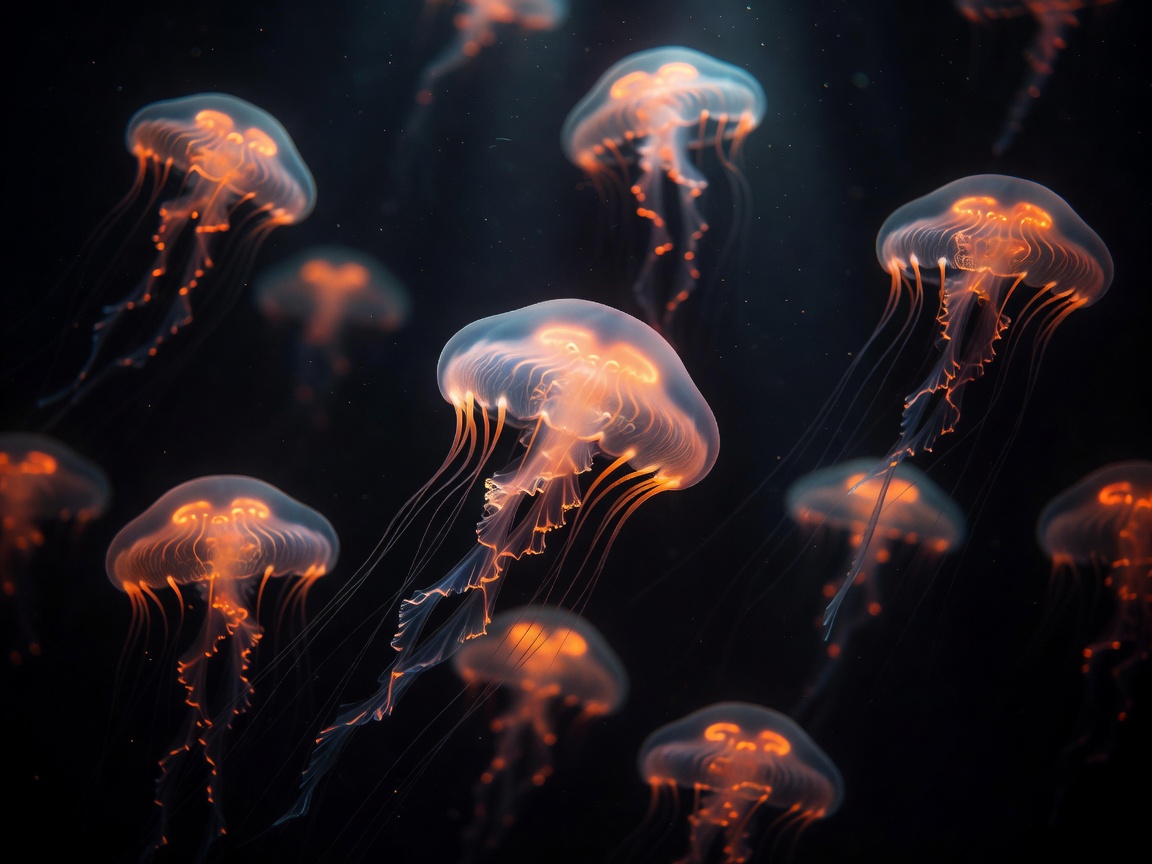 Beautiful glowing radioactive-orange translucent deep sea jelly fish floatation