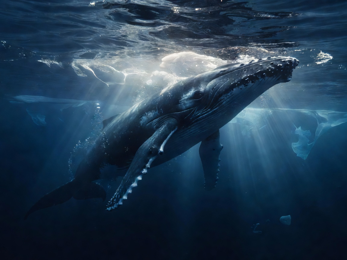 Magnificent dark blue whale surfacing beneath cold polar ocean rays