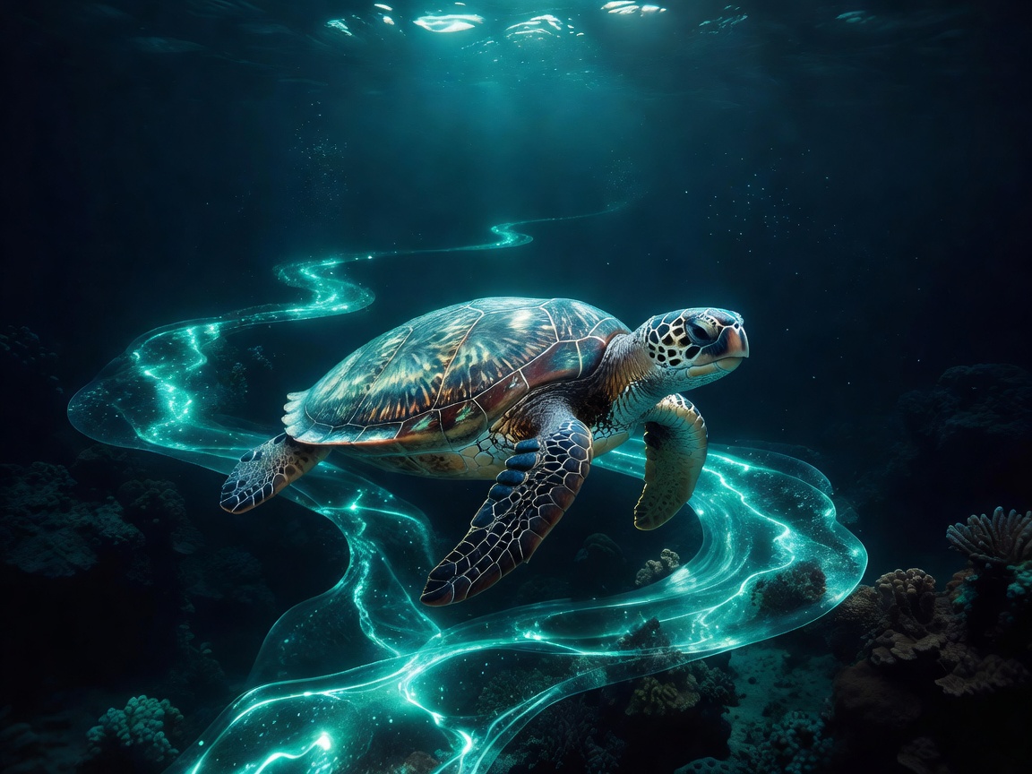 Majestic deep ocean sea turtle gliding across turquoise marine glow paths