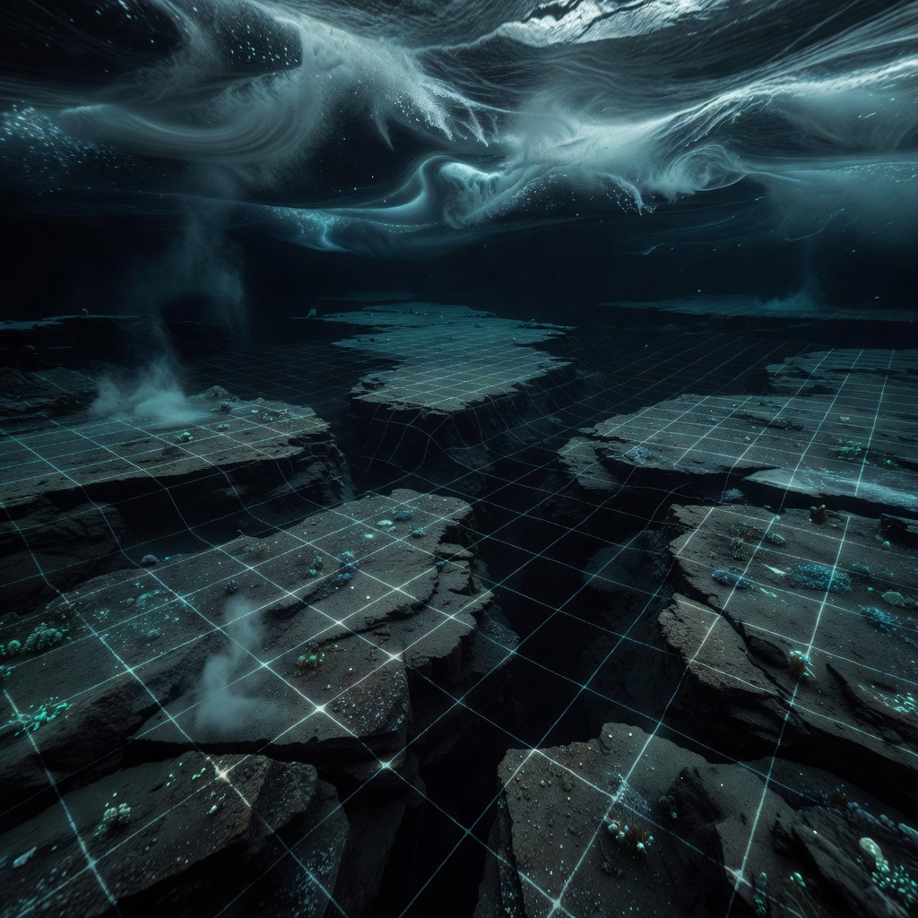 Mysterious tactical grid of deep oceanic shelves and ridges under Arctic currents