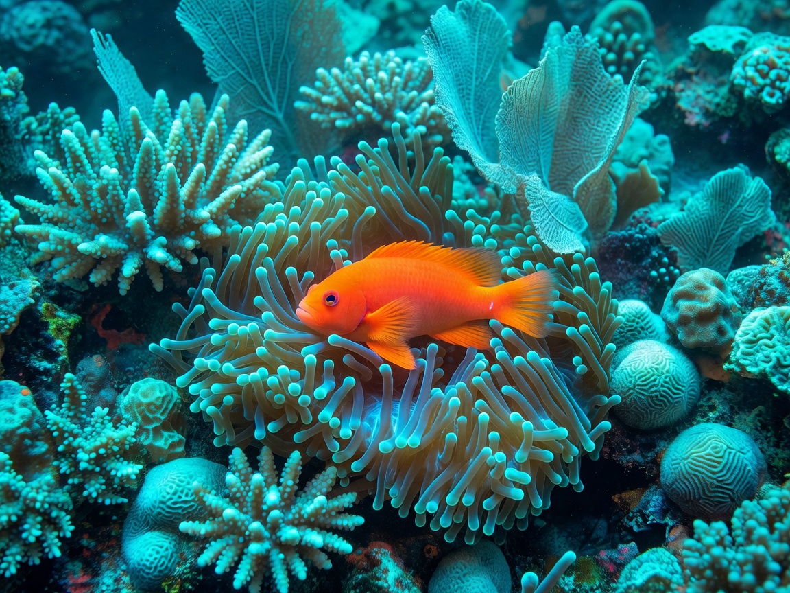 Vibrant neon orange anemone fish resting amongst glowing turquoise corals